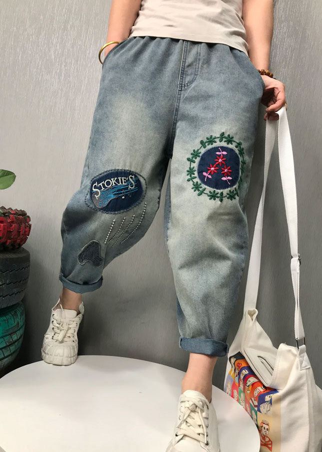 Bohemian Blue Broideried Denim Pants printemps