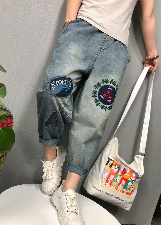 Bohemian Blue Broideried Denim Pants printemps