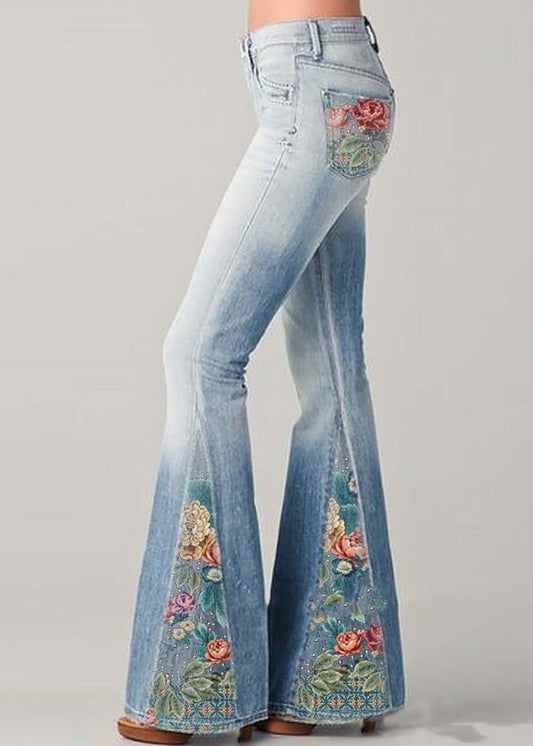 Bohemian Blue High Taist Patchwork Print Denim Flare Bottoms Summer