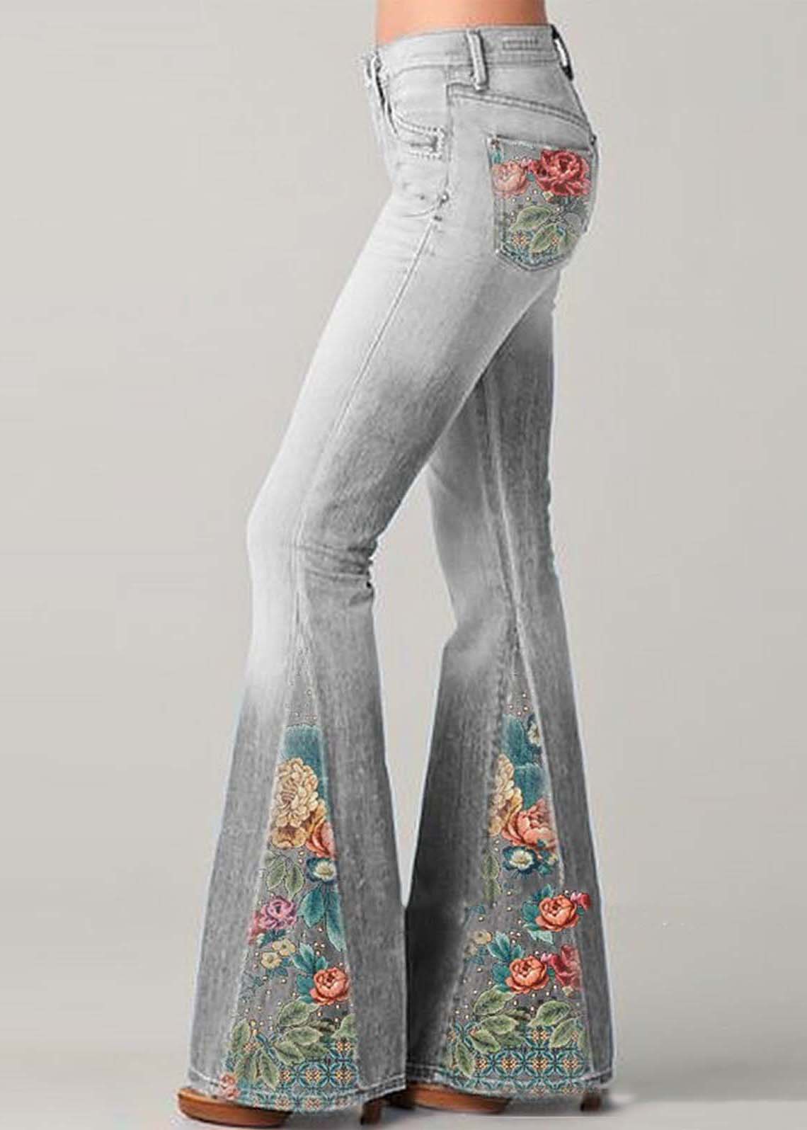 Bohemian Blue High Taist Patchwork Print Denim Flare Bottoms Summer