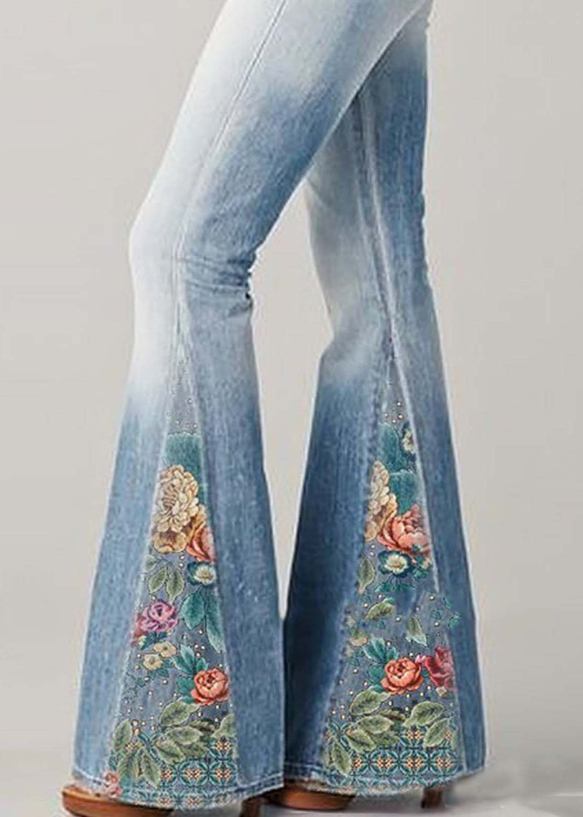 Bohemian Blue High Taist Patchwork Print Denim Flare Bottoms Summer