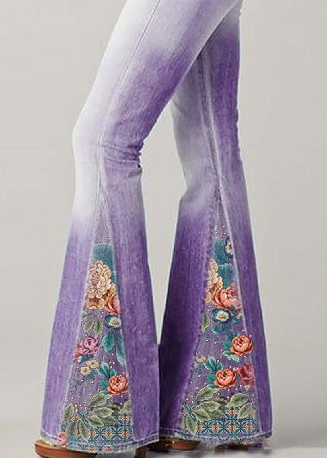 Bohemian Blue High Taist Patchwork Print Denim Flare Bottoms Summer