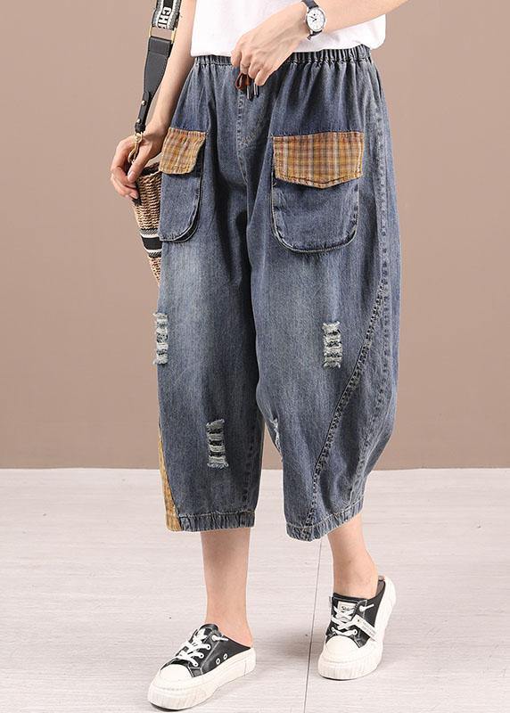 Bohemian Blue High Waist Pockets Summer Denim Pants - SooLinen