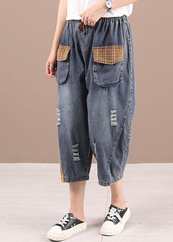 Bohemian Blue High Waist Pockets Summer Denim Pants - SooLinen