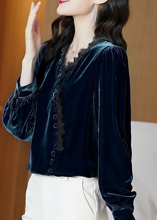 Bohemian Blue Lace Patchwork Silk Velor Blouse Tops à manches longues