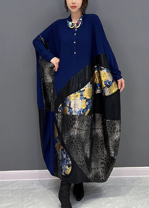 Bohemian Blue O-Neck Print Patchwork Button Long Dress Fall