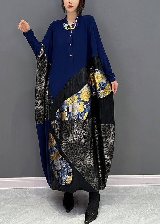 Bohemian Blue O-Neck Print Patchwork Button Long Dress Fall