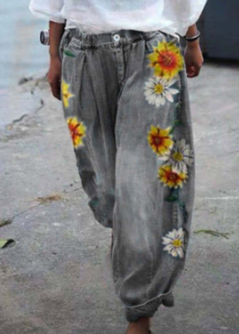 Bohemian bleu surdimensionné de tournesol imprimé denim harem pantalon estival