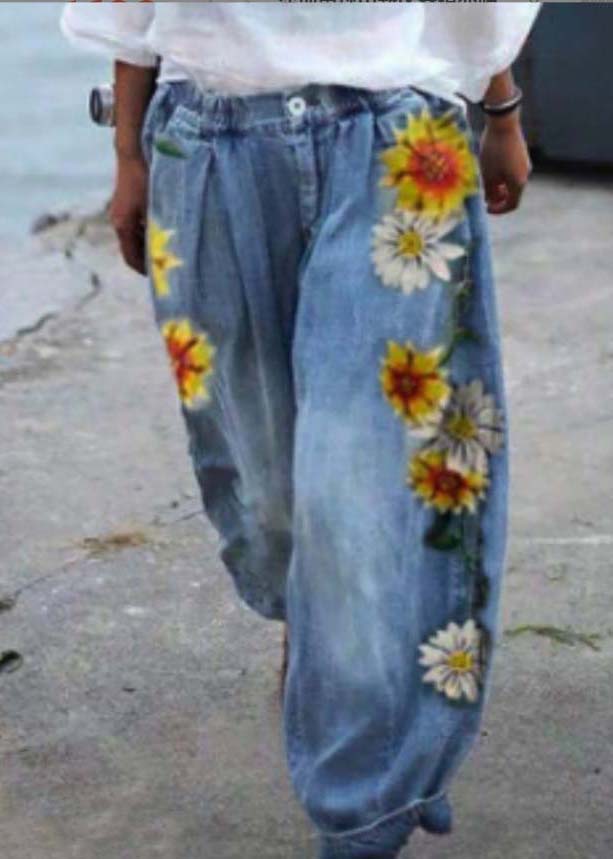 Bohemian bleu surdimensionné de tournesol imprimé denim harem pantalon estival