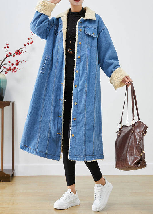 Bohemian Blue Oversized Thick Fleece Wool Lined Denim Trench Coats Winter