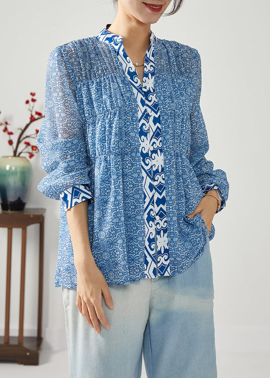 Bohemian Blue Print Patchwork Blouses en mousseline de soie plissée printemps