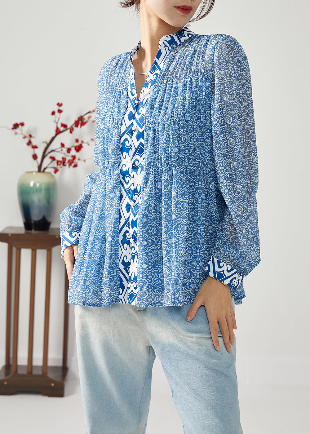 Bohemian Blue Print Patchwork Blouses en mousseline de soie plissée printemps