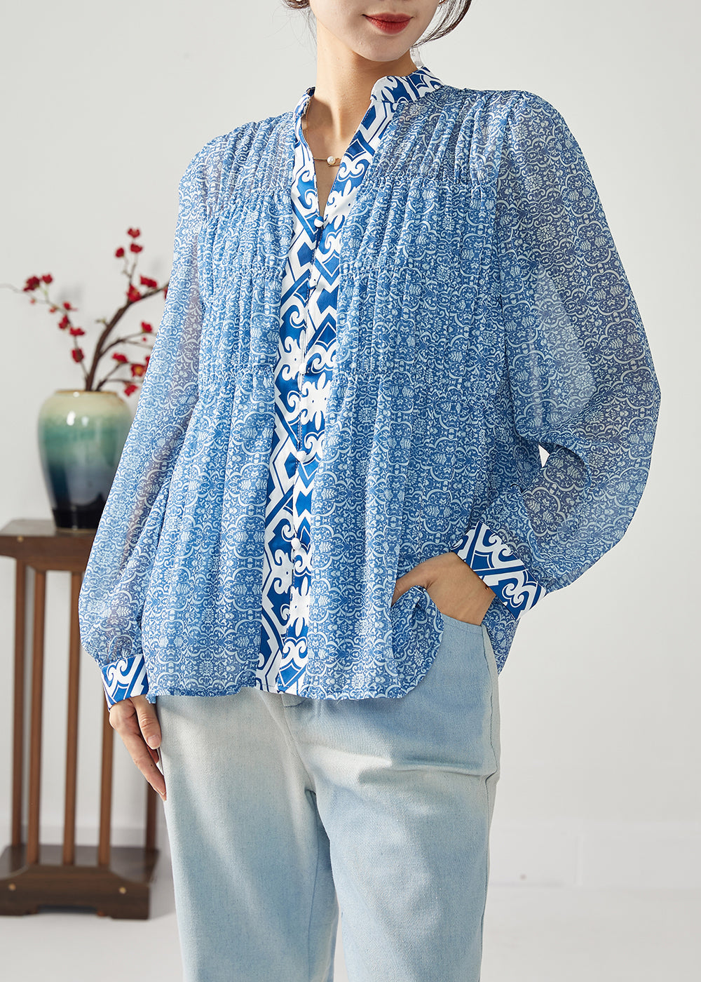 Bohemian Blue Print Patchwork Blouses en mousseline de soie plissée printemps