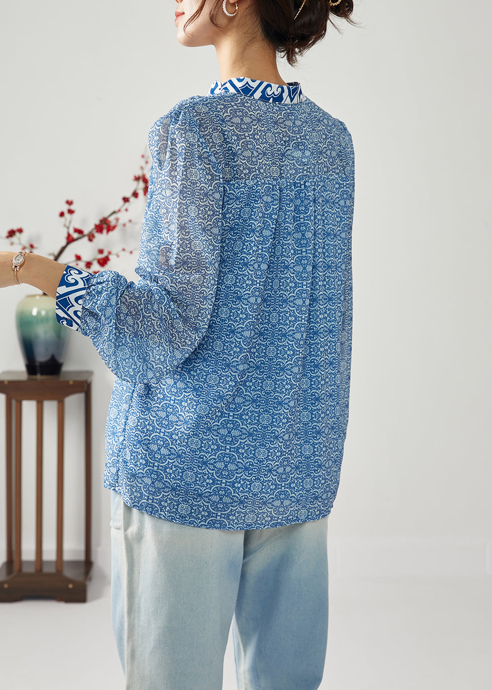 Bohemian Blue Print Patchwork Blouses en mousseline de soie plissée printemps