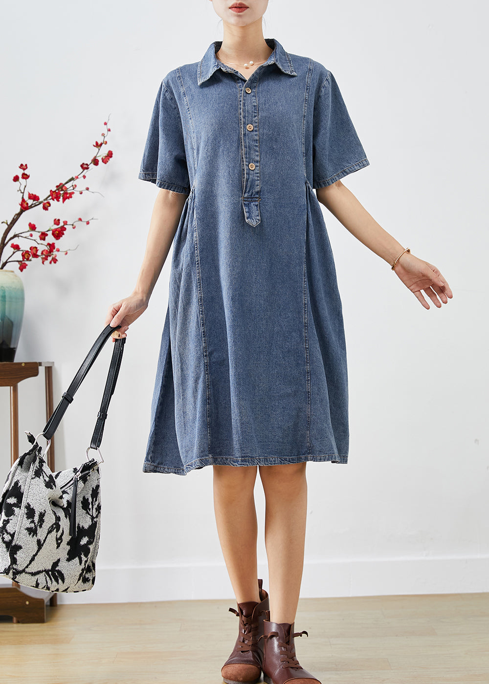 Bohemian Blue Slim Fit Pockets Denim Robe de vacances Summer