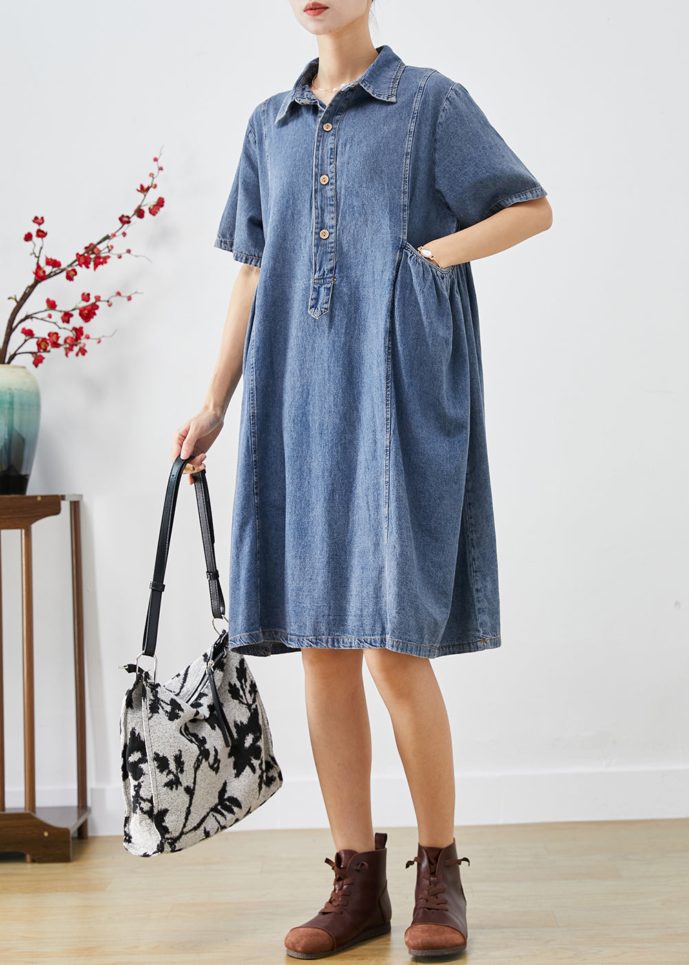 Bohemian Blue Slim Fit Pockets Denim Robe de vacances Summer