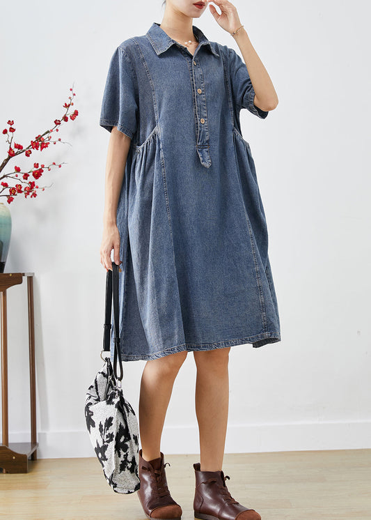 Bohemian Blue Slim Fit Pockets Denim Robe de vacances Summer