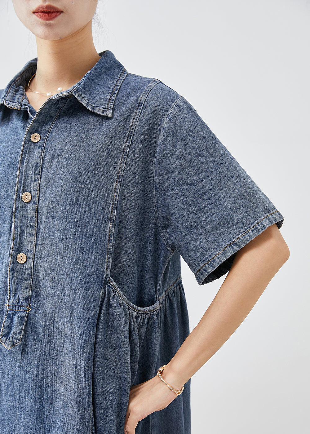 Bohemian Blue Slim Fit Pockets Denim Robe de vacances Summer