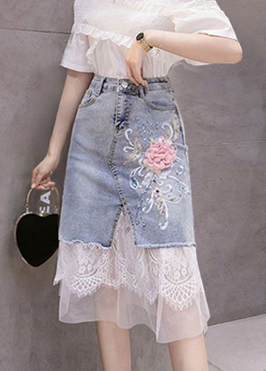 Bohemian Blue Tulle Patchwork Floral Button Jupe en jean