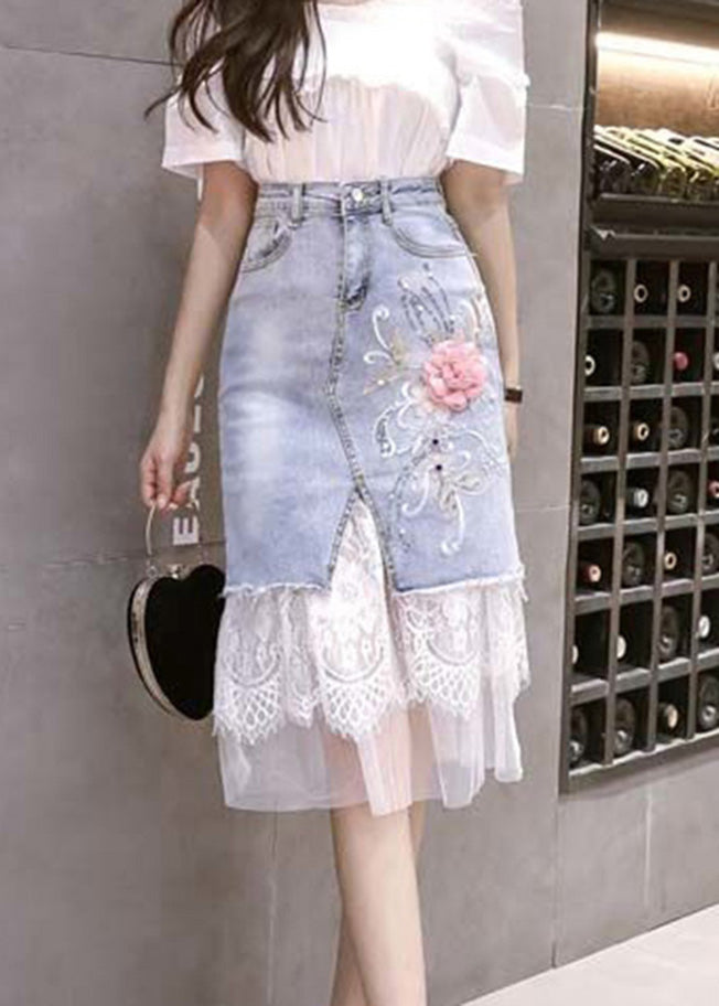 Bohemian Blue Tulle Patchwork Floral Button Jupe en jean