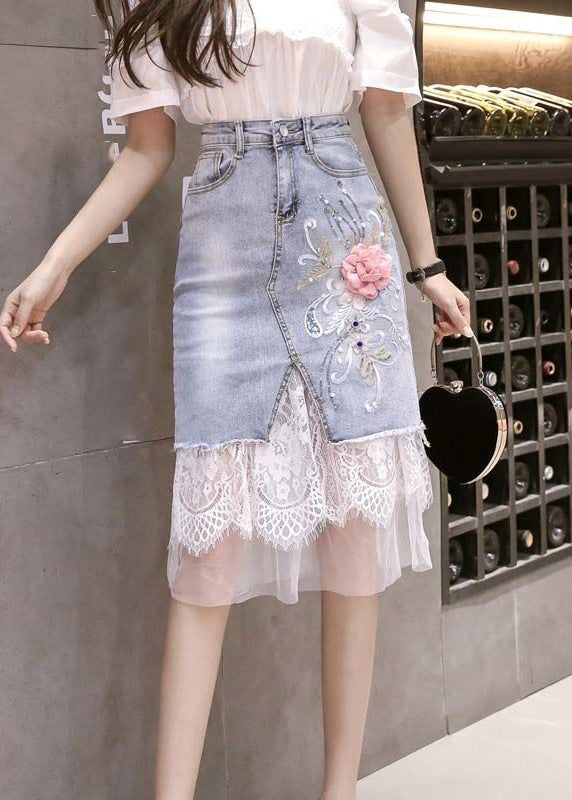 Bohemian Blue Tulle Patchwork Floral Button Jupe en jean