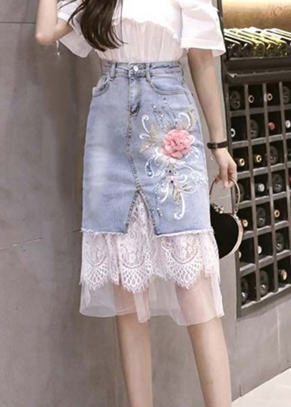 Bohemian Blue Tulle Patchwork Floral Button Jupe en jean