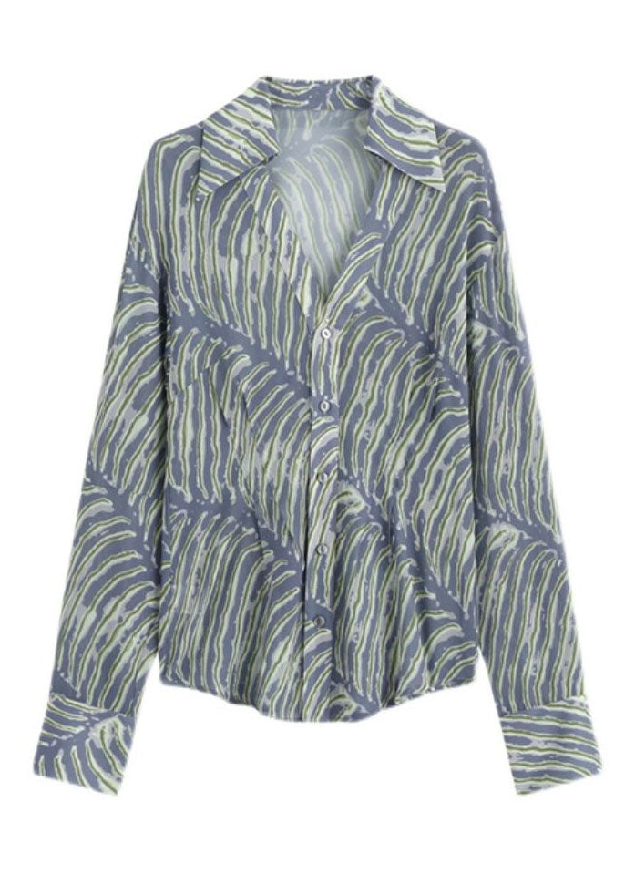 Bohemian Blue V Neck Striped Imprime Mme Chiffon Shirt Top Printemps