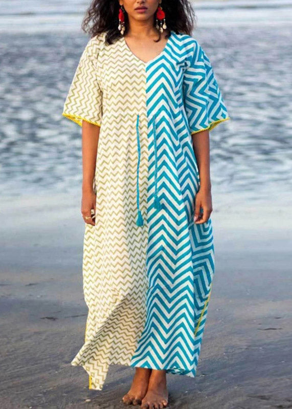 Bohemian Blue jaune à rayures Stripwork Trawstring Tie Take Maxi Robes Summer