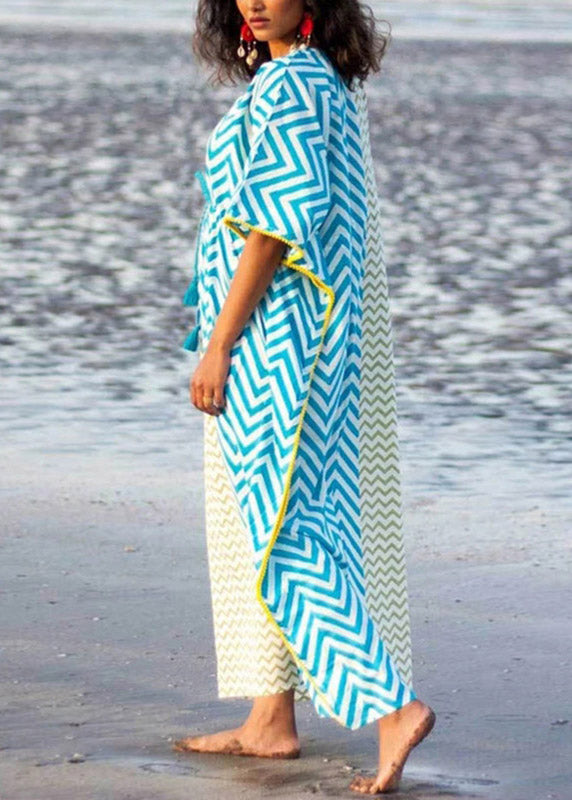 Bohemian Blue jaune à rayures Stripwork Trawstring Tie Take Maxi Robes Summer