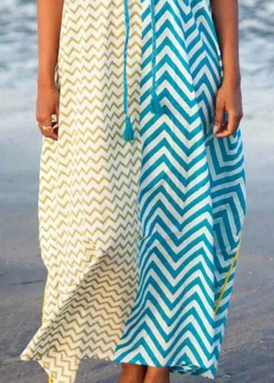 Bohemian Blue jaune à rayures Stripwork Trawstring Tie Take Maxi Robes Summer