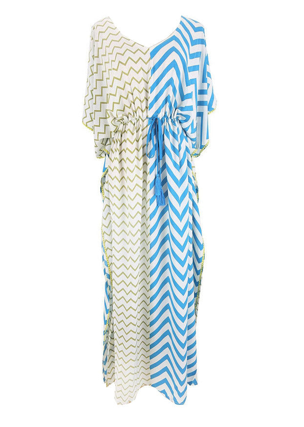 Bohemian Blue jaune à rayures Stripwork Trawstring Tie Take Maxi Robes Summer