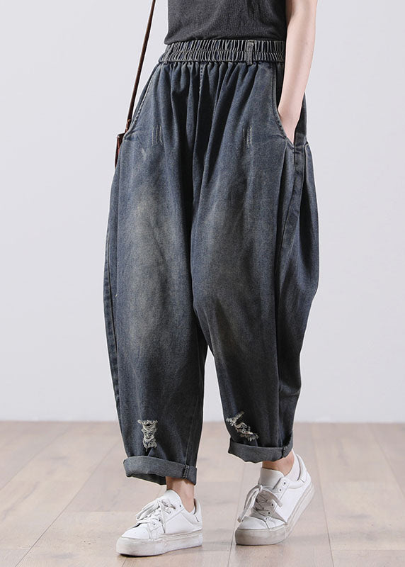 Bohemian Denim Blue Elastic Pockets Pantalons Harem Cotton Fall