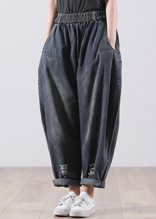 Bohemian Denim Blue Elastic Pockets Pantalons Harem Cotton Fall