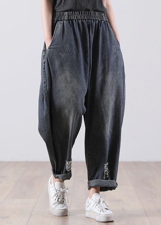 Bohemian Denim Blue Elastic Pockets Pantalons Harem Cotton Fall