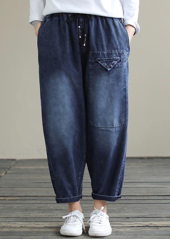 Bohemian Denim Blue High Waist Loose Spring Cinched Work Outfits Wild Trousers - SooLinen