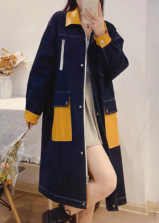 Bohemian Denim Blue Peter Pan Collar Patchwork Button zippé Button Linn Long Trench Coats Fall