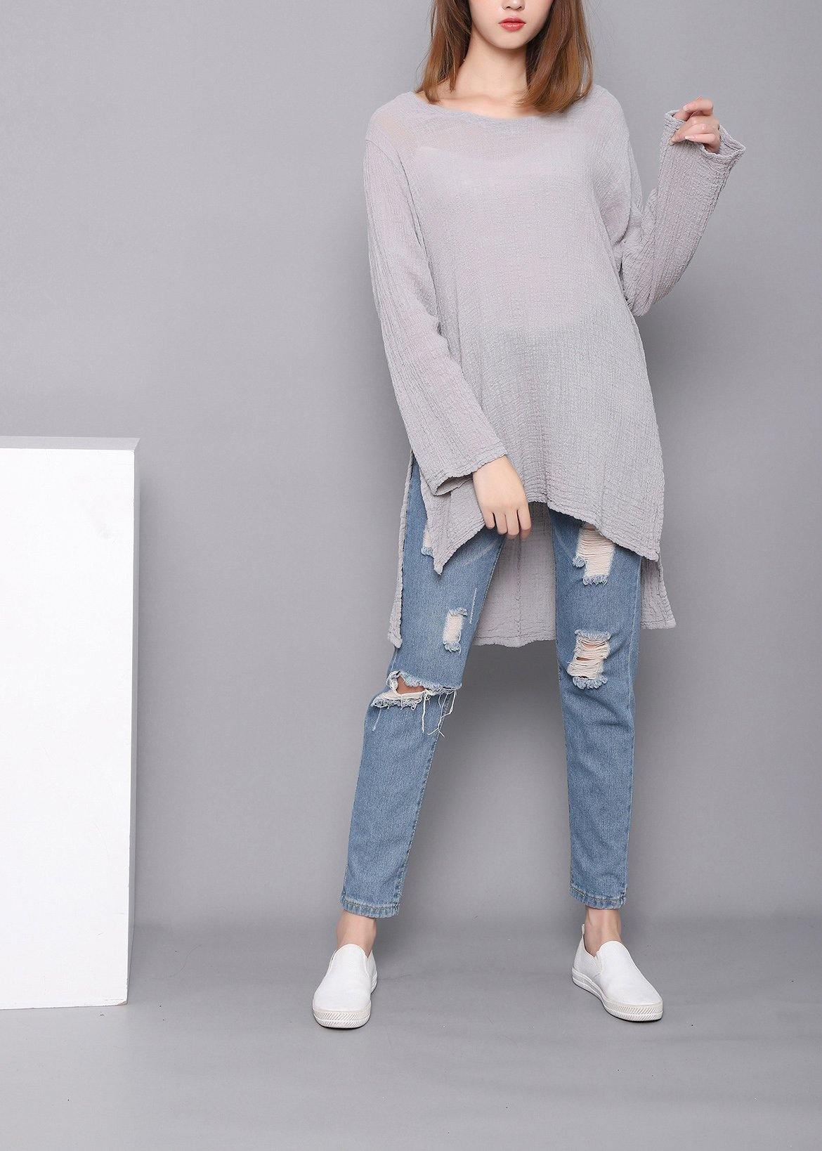 Bohemian Gray U Neck low high design Linen Shirts Spring - SooLinen