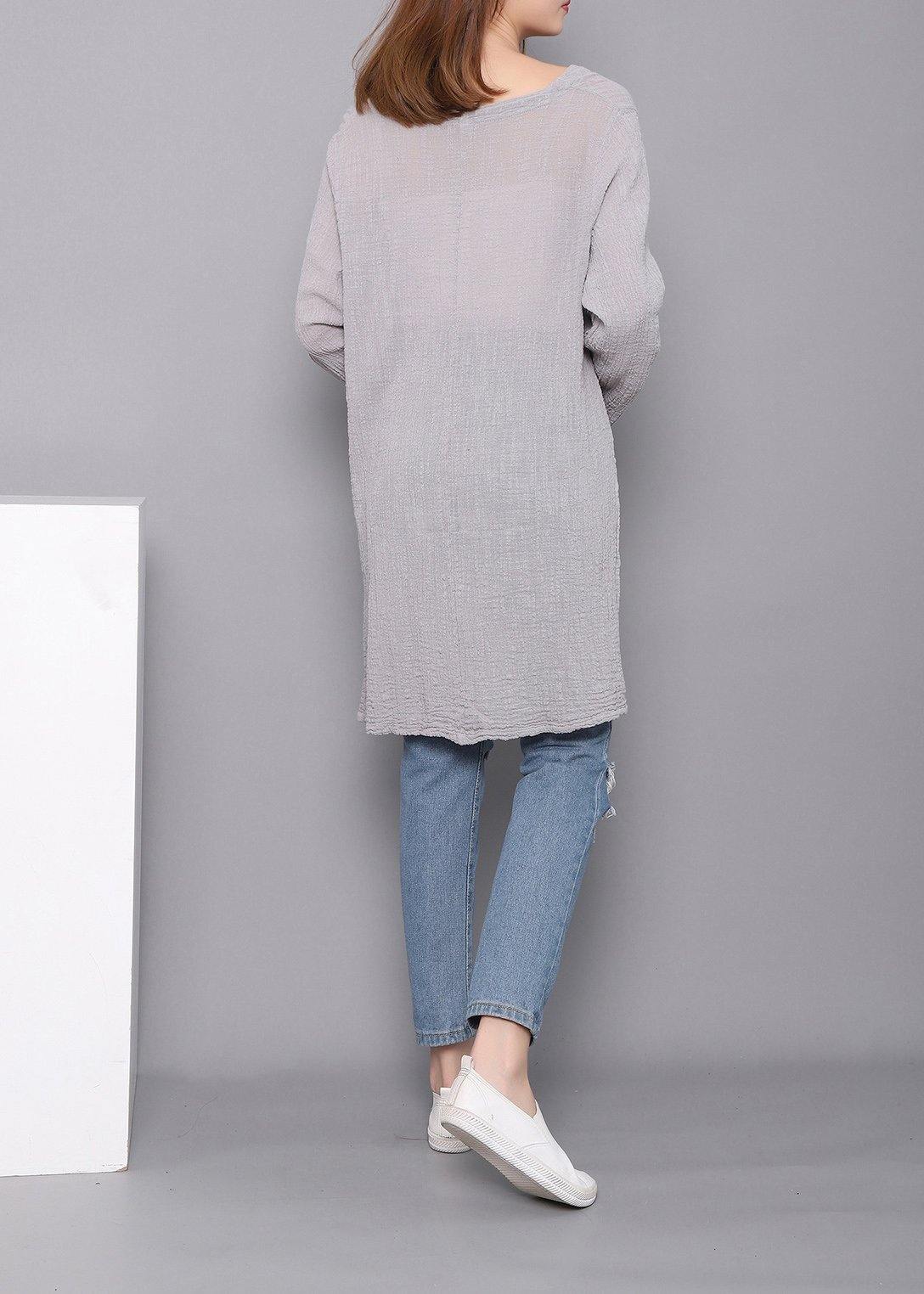 Bohemian Gray U Neck low high design Linen Shirts Spring - SooLinen