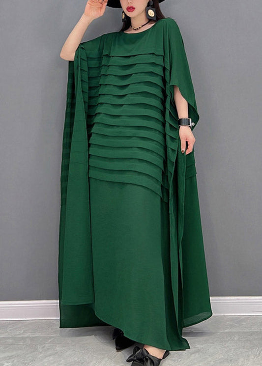 Bohemian Green O-Leck Striped Mariffon Murkle Robe Batwing Sleeve