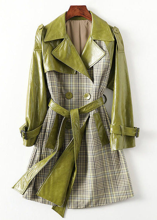 Bohemian Green Peter Pan Collier Striped Patchwork Tie Button Button Pockets Trench Coats en cuir à manches longues