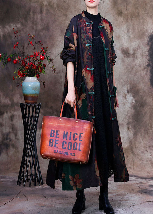 Bohemian Green Print Patchwork Side Open Oriental Bouton Trench-Coat Coton Manche longue