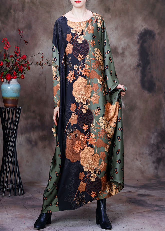 Bohemian Green Print Silk Maxi Robe Batwing Sleeve