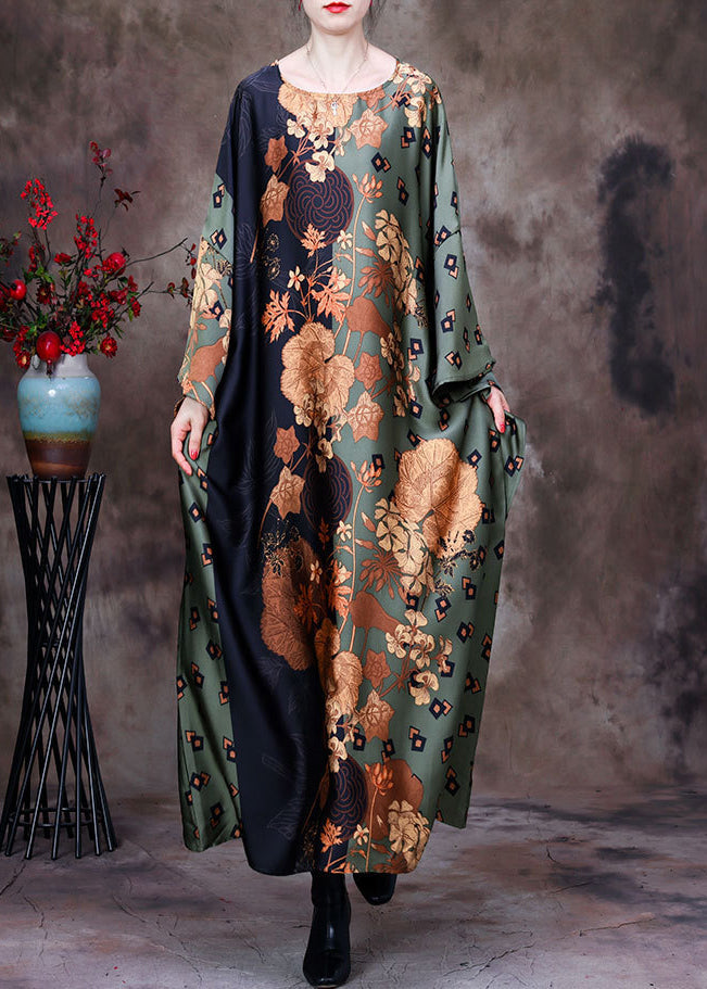 Bohemian Green Print Silk Maxi Robe Batwing Sleeve