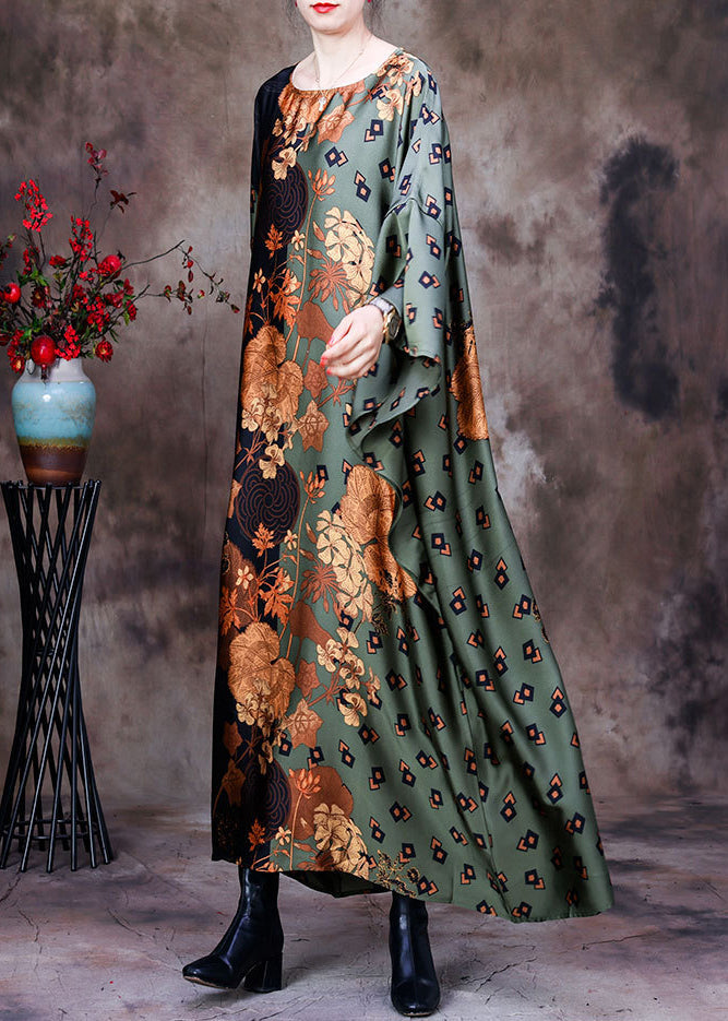 Bohemian Green Print Silk Maxi Robe Batwing Sleeve