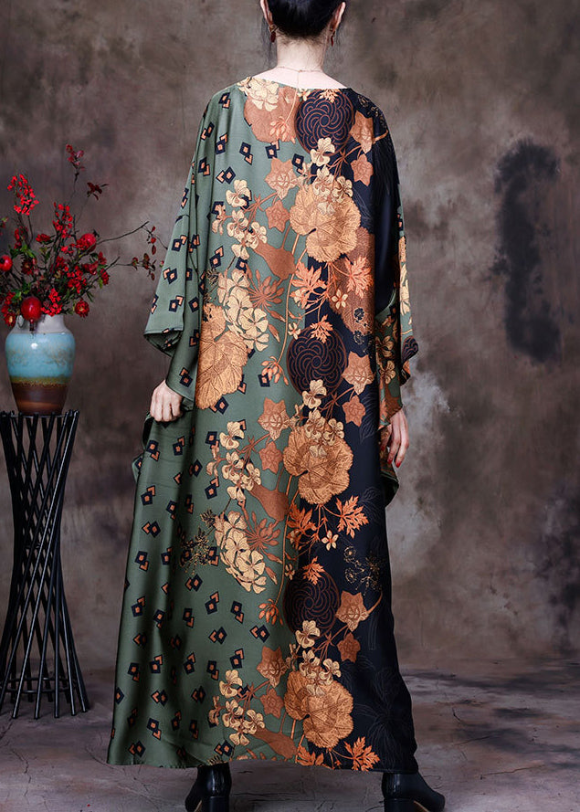 Bohemian Green Print Silk Maxi Robe Batwing Sleeve