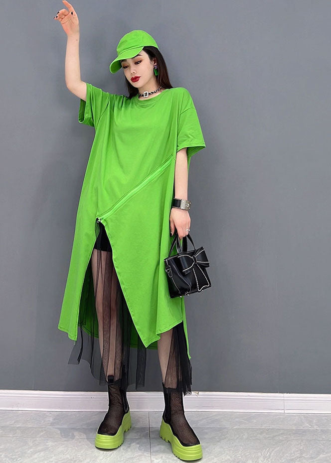 Bohemian Green solide conception asymétrique de coton Pullover Streetwear robe courte à manches