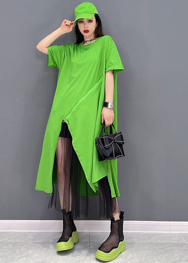 Bohemian Green solide conception asymétrique de coton Pullover Streetwear robe courte à manches