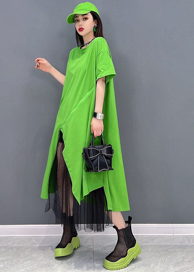 Bohemian Green solide conception asymétrique de coton Pullover Streetwear robe courte à manches