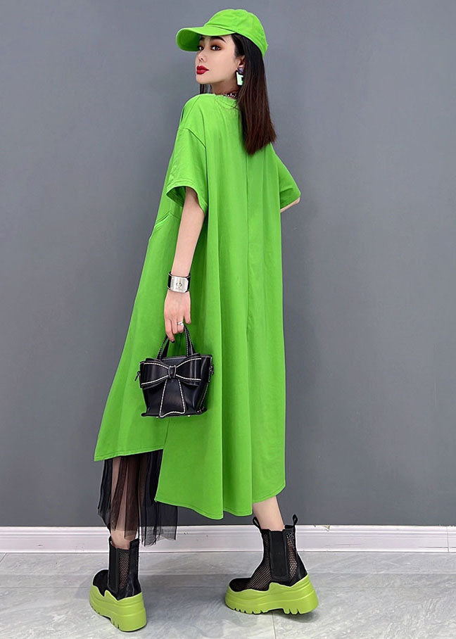 Bohemian Green solide conception asymétrique de coton Pullover Streetwear robe courte à manches