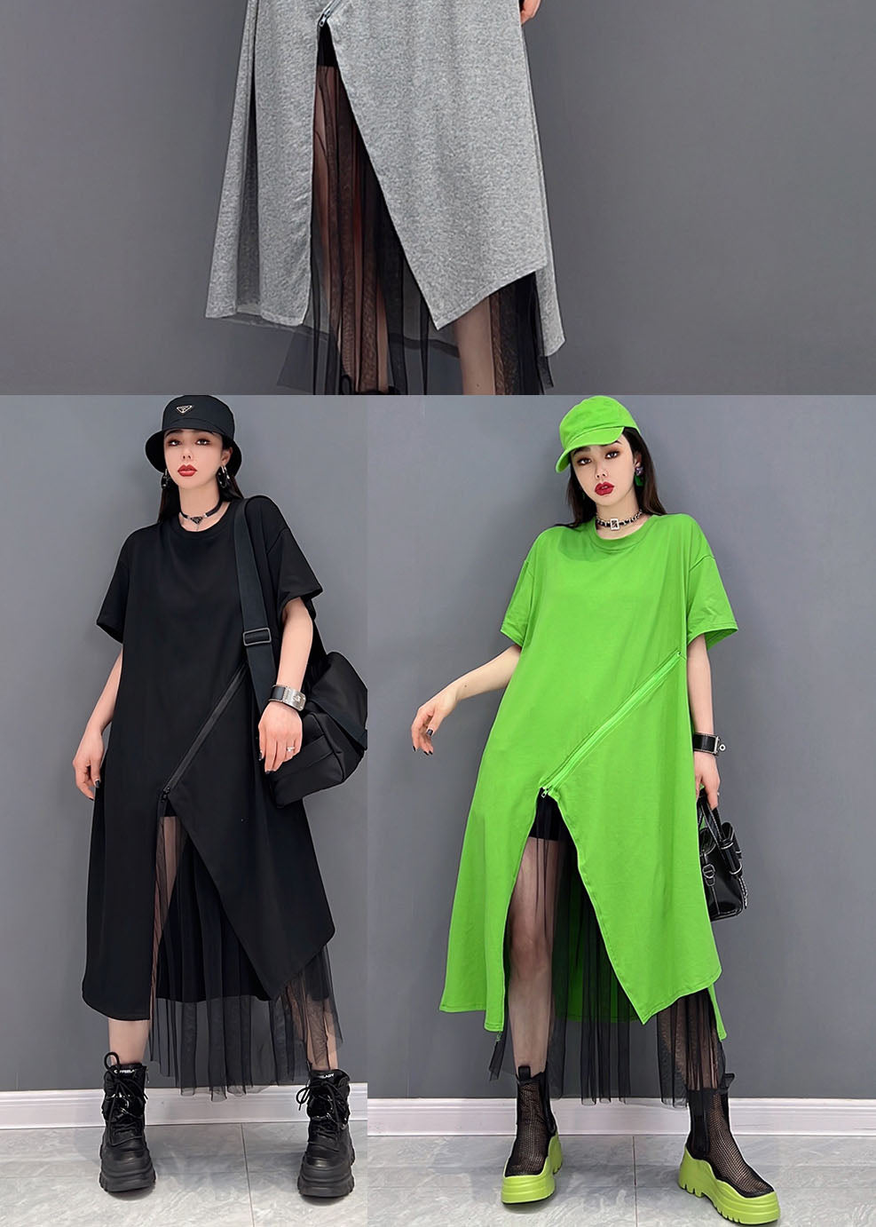 Bohemian Green solide conception asymétrique de coton Pullover Streetwear robe courte à manches